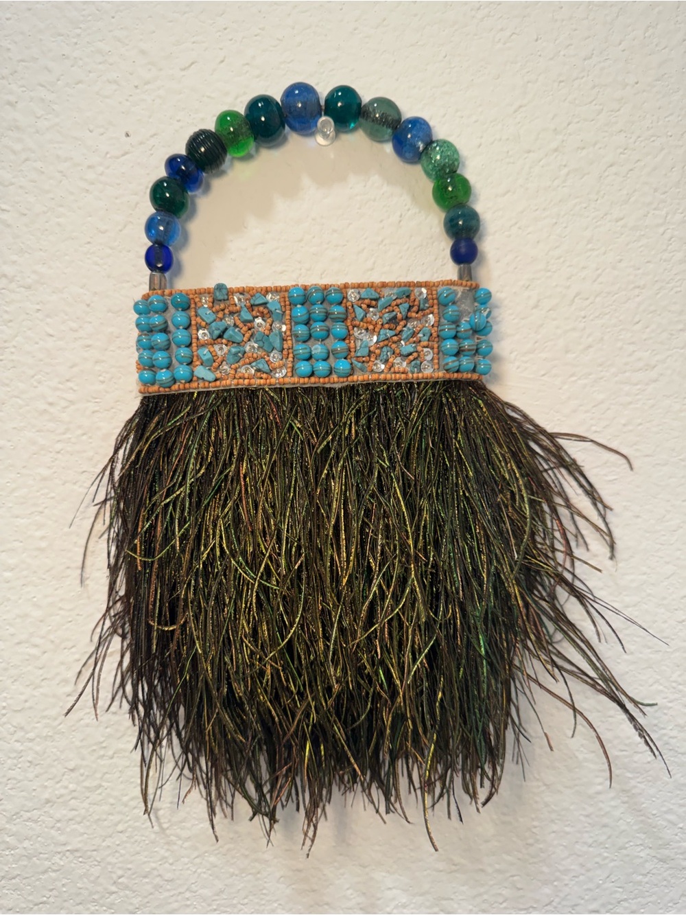 Handcrafted Turquoise & Green Beaded Mini Bag with Feather Fringe